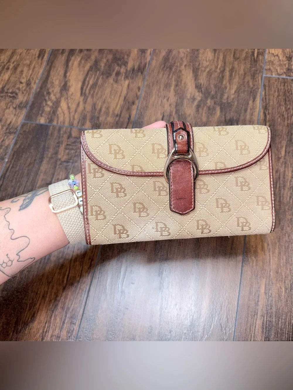 Dooney & Bourke Tan Monogram Wallet with Brown Trim